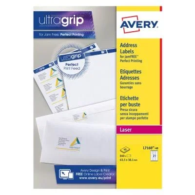 Étiquettes courrier pour imprimantes laser Avery – 63,5 x 38,1 mm – 40 feuilles – 21 Étiquettes par feuille – auto-adhésives – blanc – paquet 840 unités