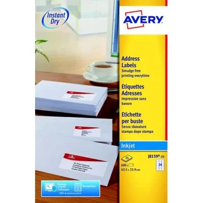 Etiquettes jet d’encre Avery J8159 – 25 planches – 63,5 x 33,9 mm – blanc – boîte de 600