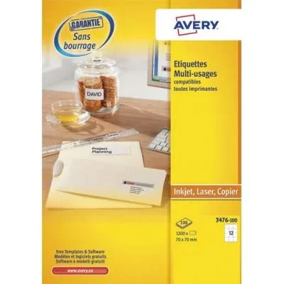 Etiquettes multi usages Avery 3474 – 70 x 70 mm – blanc – boîte de 1200 – pour laser jet d’encre et copieur