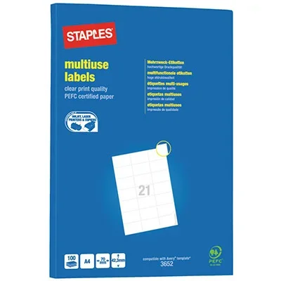 Etiquettes Pergamy multi-usage – 70 x 42,3mm – en planche A4 – coins carrés – boîte de 2100
