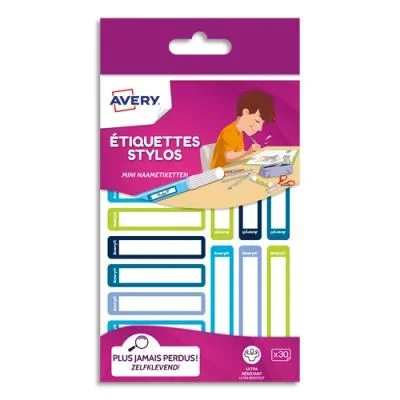 Etiquettes stylos Avery – autocollantes – 50 x 10 mm – feutre permanent uniquement – coloris bleu/vert – blister de 30