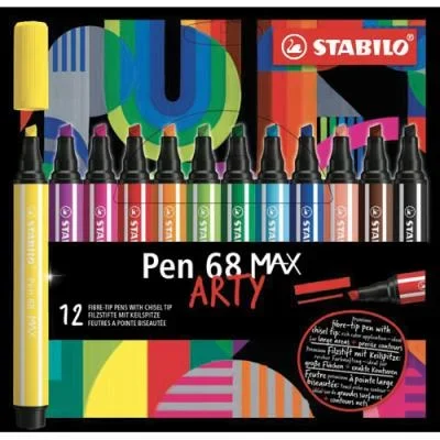 Etui carton de 12 feutres Stabilo Pen 68 MAX ARTY – Pointe large biseautée – Coloris assortis