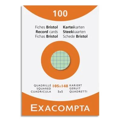 Etui de 100 fiches bristol Exacompta non perforées 105x148mm (A6) quadrillées 5×5 assortis