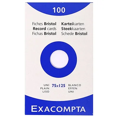 Etui de 100 fiches bristol Exacompta non perforées 75x125mm (A7) unies Blanc