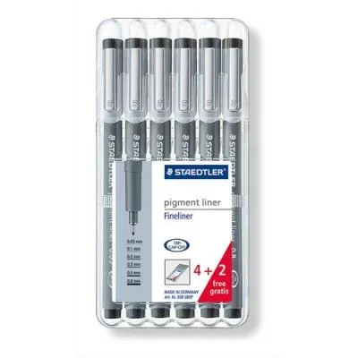 Etui de 6 feutres Staedtler Pigment Liner noirs pointe calibrée 0,05/0,1/0,2/0,3/0,5/0,8