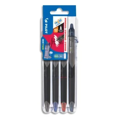 Etuis de 4 rollers effaçables rétractable Pilot FriXion – Pointe aiguille – Noir, bleu, rouge, bleu nuit