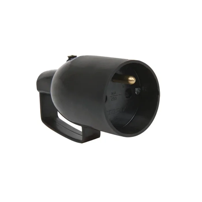 FICHE FEMELLE AVEC ANNEAU 2P+T 16A DROITE A COIFFE NOIR – DEBFLEX – 713560
