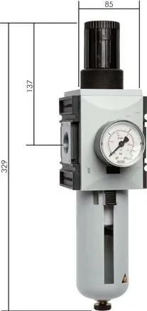 Filtre régulateur FUTURA, G 1″, 0,5 – 8 bar, série 4, purgeur automatique des condensats (fermé sans pression), cuve métallique