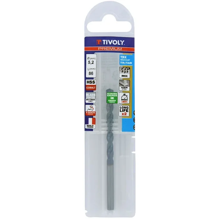 Foret métaux HSS-E5 TBX -Revêtu BLADE -DIN338 -h8 -Affûtage 4 faces Ø: 5.2 L: 86 TIVOLY – 11456140520