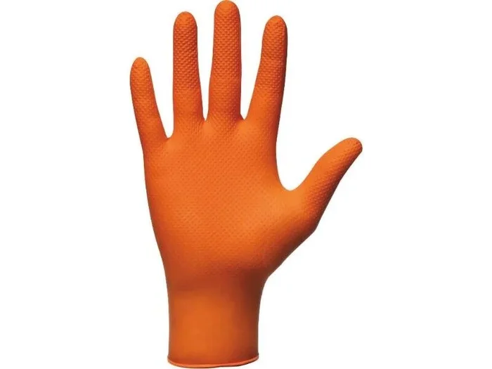 Gants jetables ambidextres nitrile 240mm 0,26mm orange M(8) – Boîte de 50 pcs MERCATOR – 65148