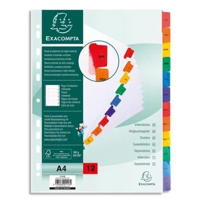 Intercalaire mensuel Exacompta – 12 positions carte blanche 170g – A4