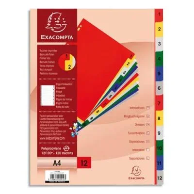 Intercalaires numériques Exacompta – 12 positions multicolores – polypropylène – A4