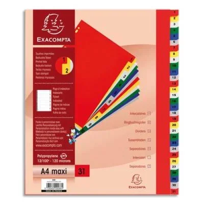 Intercalaires numériques Exacompta – 31 positions multicolores – polypropylène – A4+