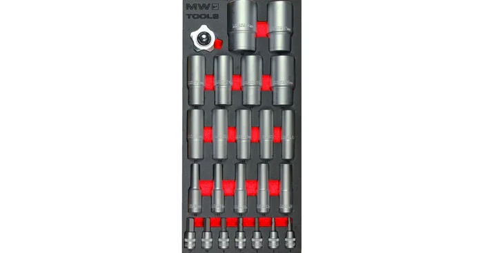Jeu de douilles et douilles à embouts 1/2″-3/8″ 10-36 mm 24 pièces module en mousse pour servante d’atelier MW Tools