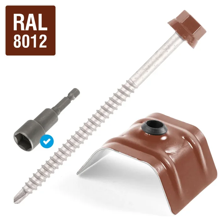Kit fixation bac acier ROUGE RAL8012 sur bois – 100 vis + cavaliers – SCELL-IT – K2COUV100-8012