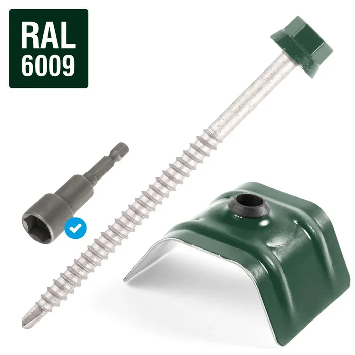 Kit fixation bac acier VERT RAL6009 sur bois – 25 vis + cavaliers types C – SCELL-IT – K2COUV50-6009