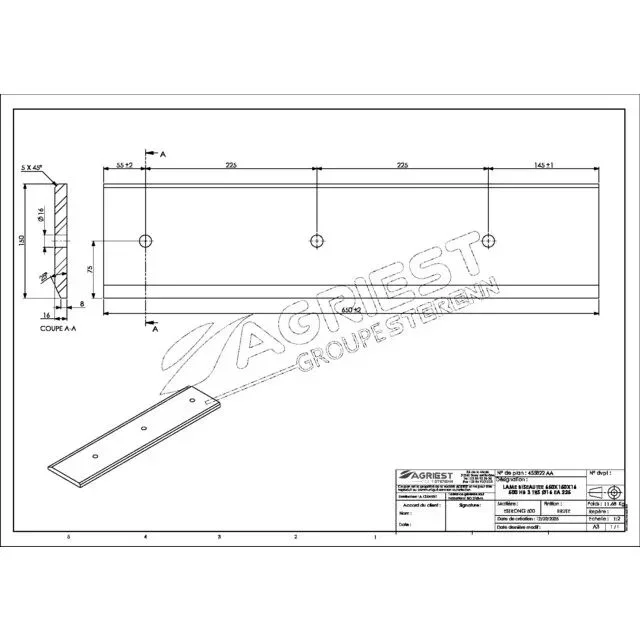 Lame biseautée 650x150x16 500hb 3 trs ø16 ea 225 adaptable magsi