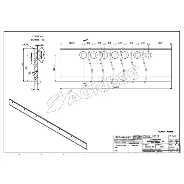 Lame biseautee2250x150x16 400hb 7 trs pour vis tfcc