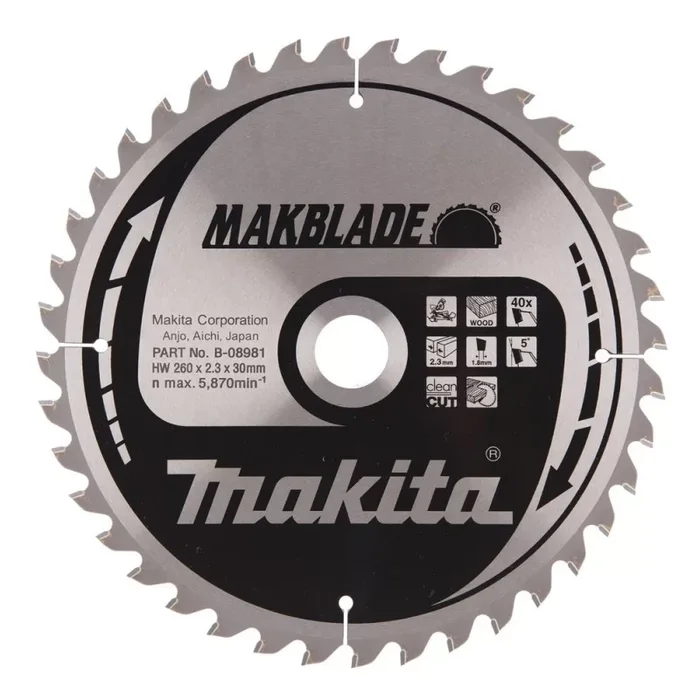 Lame Makita carbure Makblade bois diametre 260 mm alesage 30 mm 40 dents