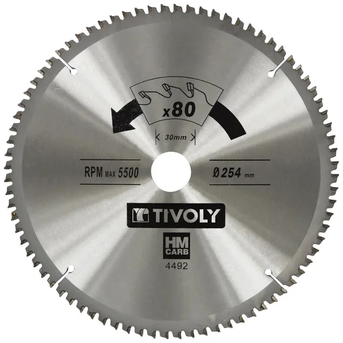 Lames de scie circulaire -Finition -Pour plastique, aluminium, Bois durs -Pour scie radiale et de table Ø: 254 x Ø2: 30 x Z: 80 TIVOLY – XT50514004492