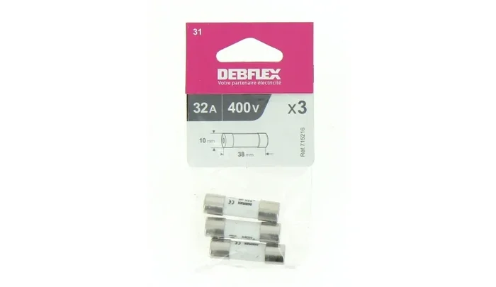 Lot de 3 Fusibles Céramique 32A – 400V – 10 x 38 mm – Ref 715216 – DEBFLEX