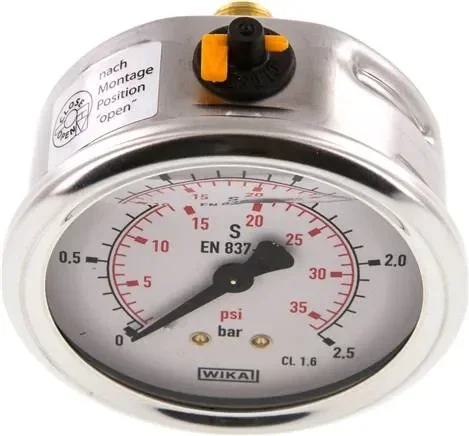 Manomètre à glycérine horizontal (CrNi/Ms), 63 mm, 0 – 2,5 bar