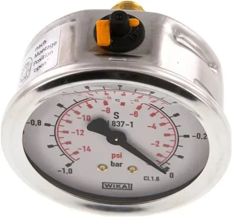 Manomètre à glycérine horizontal (CrNi/Ms), 63 mm, -1 à 0 bar