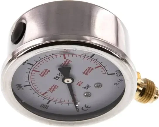 Manomètre à glycérine vertical (CrNi/Ms), 63 mm, 0 – 600 bar – Eco-Line