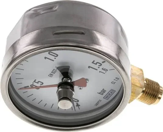 Manomètre vertical (CrNi/Ms), 100 mm, 0 – 1,6 bar, avec aiguille réinitialisable