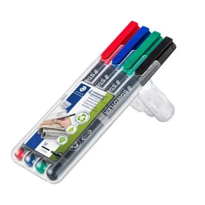 Marqueur permanent Staedtler Lumocolor 317 pointe moyenne 1 mm plastique recyclé à 97% – Etui de 4 assortis