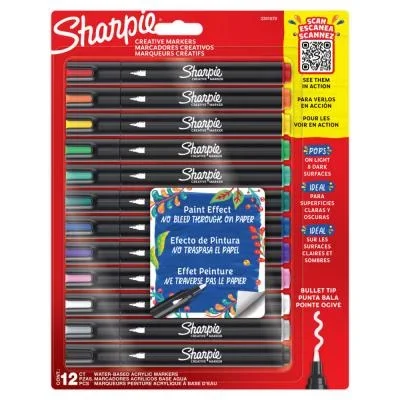 Marqueurs créatifs Sharpie à peinture acrylique – Pointe ogive – Pochette de 12 coloris assortis