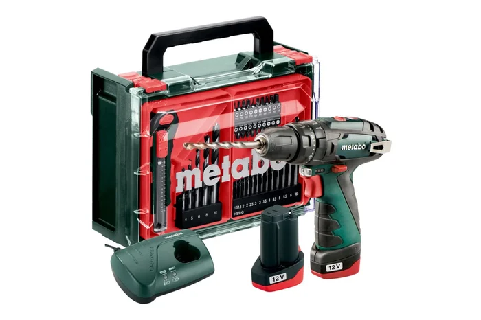 Metabo 600385710 Perceuse-visseuse à percussion sans fil 12 V Li-ion Mobile workshop basic set (2 batteries 2,0 Ah) dans un coffret avec kit d&rsquo;accessoires 41 pièces