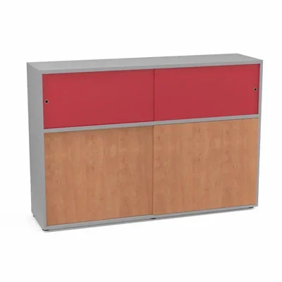 Meuble comptoir séparateur Armand H. 135 x L. 165 x P. 43,2 cm – 2 tablettes – corps mélamine gris aluminium – portes mélamine pommier de France/altuglas rouge satin