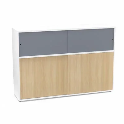 Meuble comptoir séparateur Armand H. 135 x L. 165 x P. 43,2 cm – 2 tablettes – corps mélamine blanc neige – portes mélamine chêne clair/altuglas gris fumé