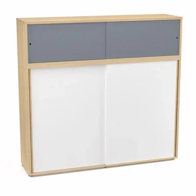 Meuble comptoir séparateur Armand H. 156 x L. 165 x P. 43,2 cm – 3 tablettes – corps mélamine chêne clair – portes mélamine blanc neige/altuglas gris fumé