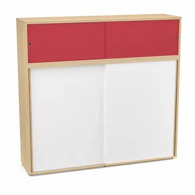 Meuble comptoir séparateur Armand H. 156 x L. 165 x P. 43,2 cm – 3 tablettes – corps mélamine chêne clair – portes mélamine blanc neige/altuglas rouge satin
