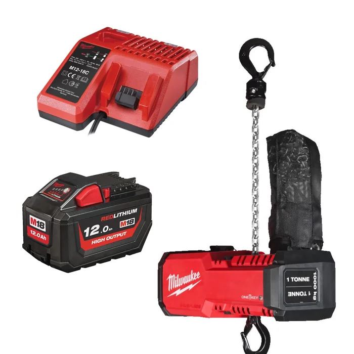 Milwaukee M18 BLCHTO-121 Kit de palan à chaîne avec batterie Li-ion 18 V (1 batterie 12,0 Ah) – 1 tonne – ONE-KEY™