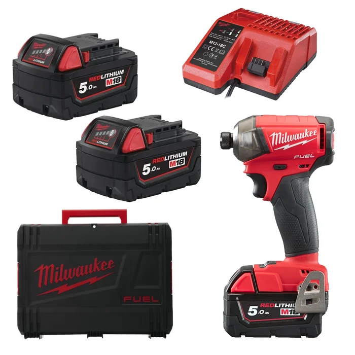 Milwaukee M18 FQID-502X Tournevis à chocs sans fil 18V Li-Ion (2x batterie 5.0Ah) en HD Box – sans charbons