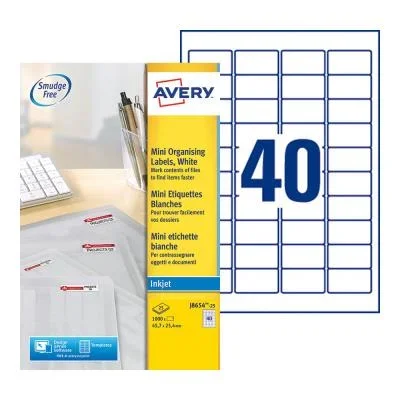 Mini Étiquettes auto-adhésives d&rsquo;adresses Avery – 45,7 x 25,4 mm – 25 feuilles – 40 Étiquettes par feuilles A4 – blanches – paquet 1000 unités