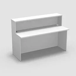 Module de banque d’accueil Come In droit avec réhausse H 110 x L 160 x P70 cm décor blanc pastel – équipé de 2 obturateurs diamètre 60 cm