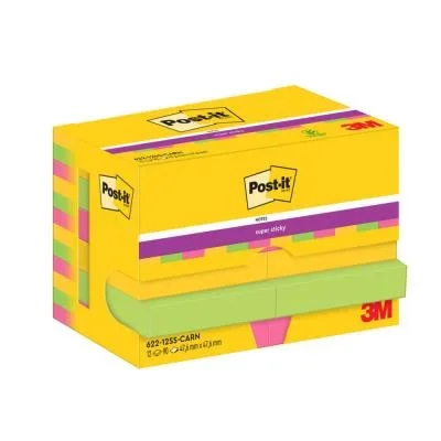 Notes repositionnables Post-it Super Sticky Carnival 47,6 x 47,6 mm – Coloris assortis – 12 blocs de 90 feuilles