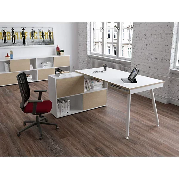 Pack bureau droit bois + meuble de rangement 4 cases