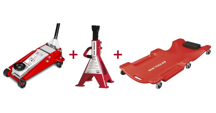 Pack cric 3T avec double pompe + paire de chandelles 3T et chariot mécanicien MW Tools