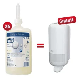 Pack Savon – Lot de 6 recharges savon liquide Tork Premium + 1 distributeur