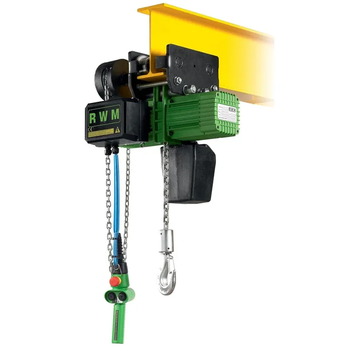 Palan électrique chariot a chaîne 1500 kg 1 brin vitesse 2/8 m/mn levée 3 m RWM – 6053E28CM