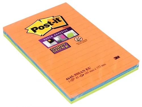 Paquet de 3 blocs Notes Super Sticky de 45 feuilles lignées, format 101 x 152 mm