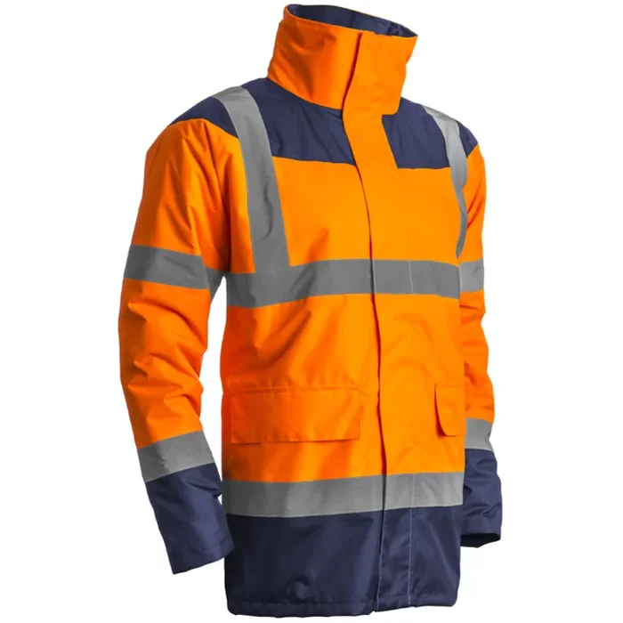 Parka haute visibilite a capuche Keta Coverguard impermeable orange fluo et marine