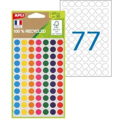 Pastilles adhésives recyclées Apli – diam.8 mm coloris Assortis – Pochette de 385