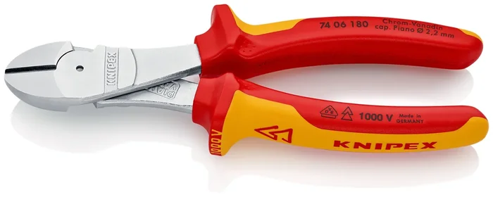 Pince coupante démultipliée 180mm – Gainage bi-matière – Chromée – Isolée 1000V KNIPEX – 7406180SB