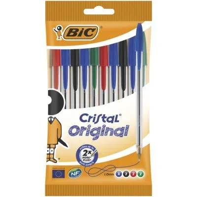 Pochette de 10 stylos à bille Bic – pointe moyenne – 4 couleurs d&rsquo;encre – corps plastique transparent cristal